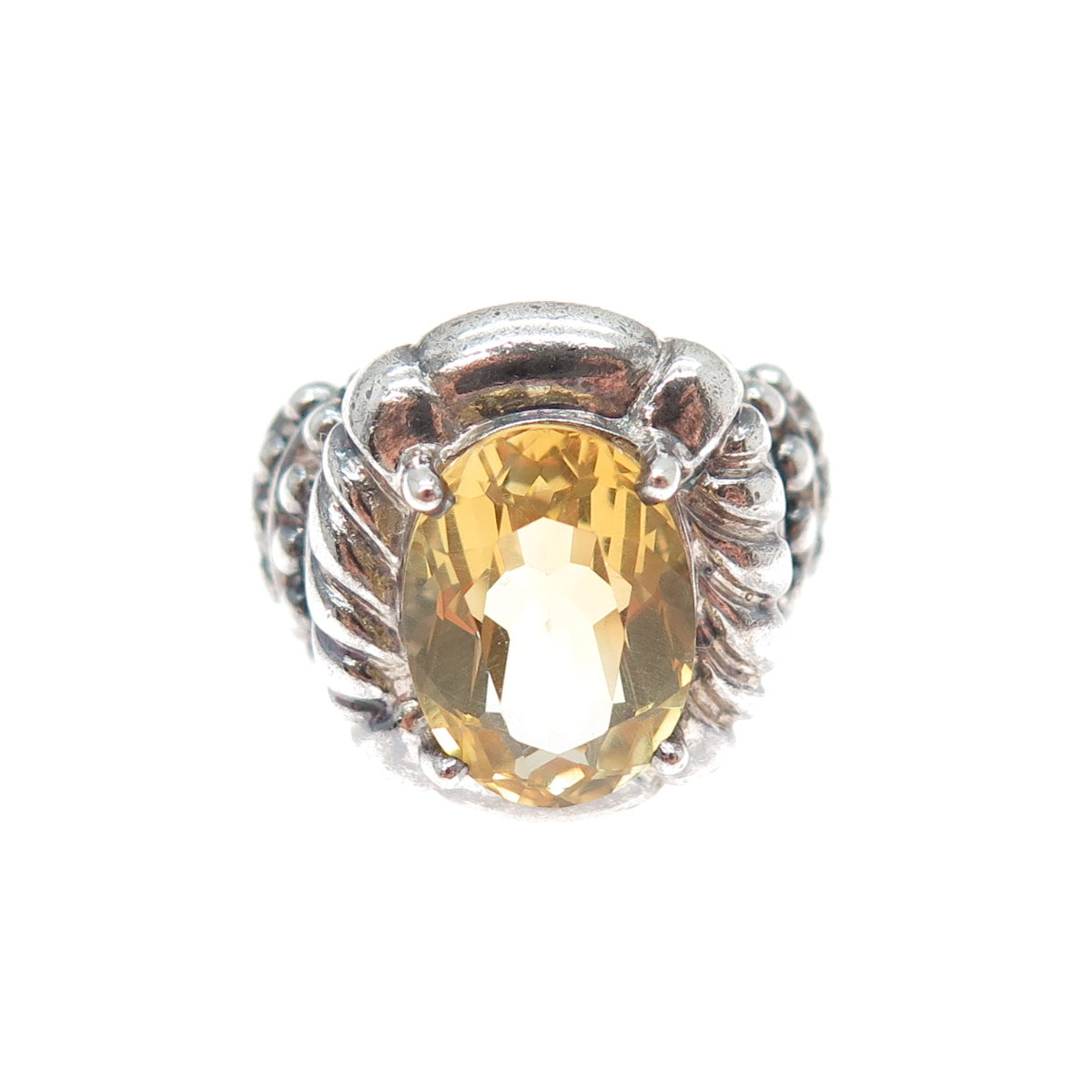 CLYDE DUNEIER CID 925 Sterling Silver Vintage Real Citrine Ribbed Ring Size 7.75