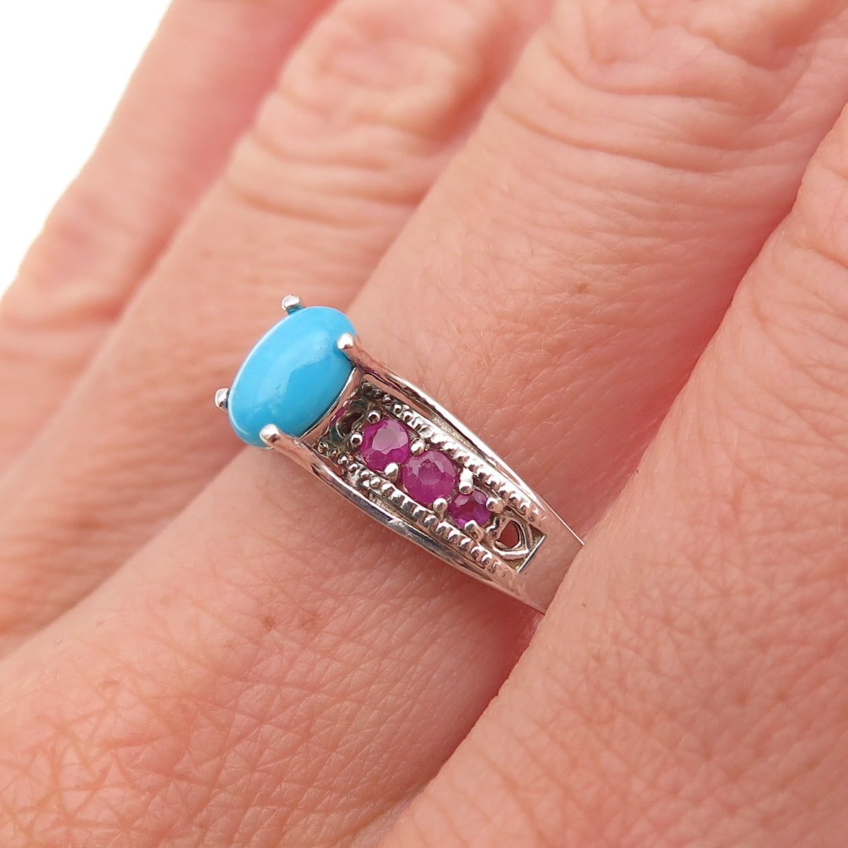 Chuck Clemency 925 Sterling Silver Real Turquoise & Ruby Ring Size 8.25
