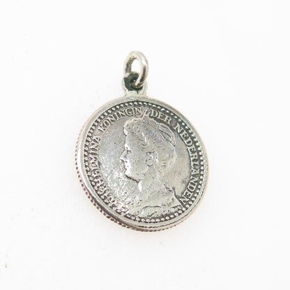 640 Silver Antique Netherlands 1918 Queen Wilhelmina 10 Cents Coin Pendant