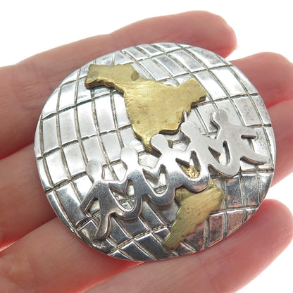 925 Sterling Silver 2-Tone Vintage Mexico Kids Holding Hands Globe Pin Brooch