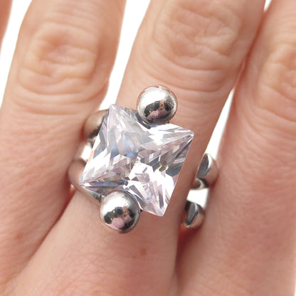 950 Silver Vintage Princess-Cut C Z Modernist Oxidized Adjustable Ring Size 8
