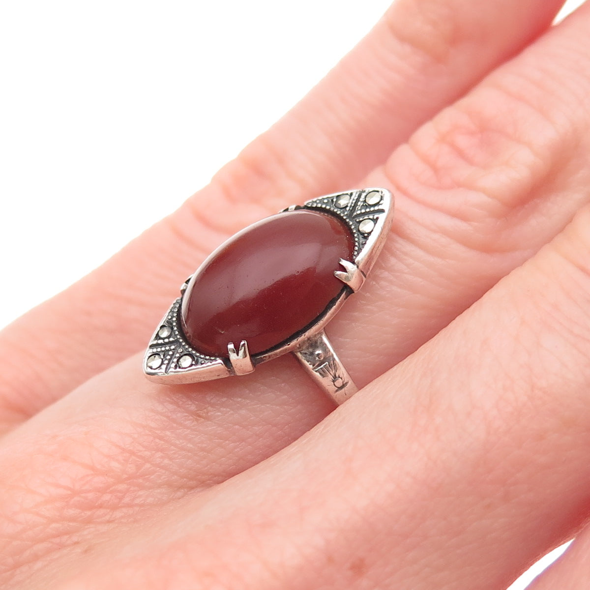 925 Sterling Silver Antique Art Deco Real Carnelian & Marcasite Ring Size 5