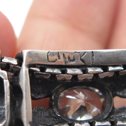 925 Sterling Silver 14K Rose Gold Vintage Real Opal & C Z Ornate Bracelet 7.75"