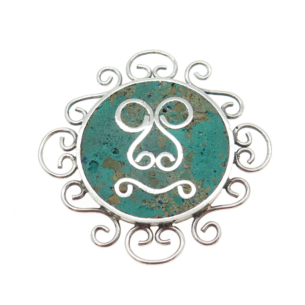 925 Sterling Silver Vintage Mexico Real Azurite Sun Face Ornate Pin Brooch