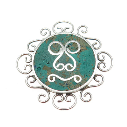 925 Sterling Silver Vintage Mexico Real Azurite Sun Face Ornate Pin Brooch