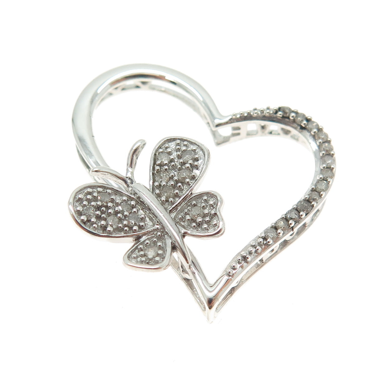 925 Sterling Silver Real Round-Cut Diamond Butterfly Heart Slide Pendant