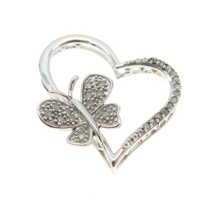 925 Sterling Silver Real Round-Cut Diamond Butterfly Heart Slide Pendant