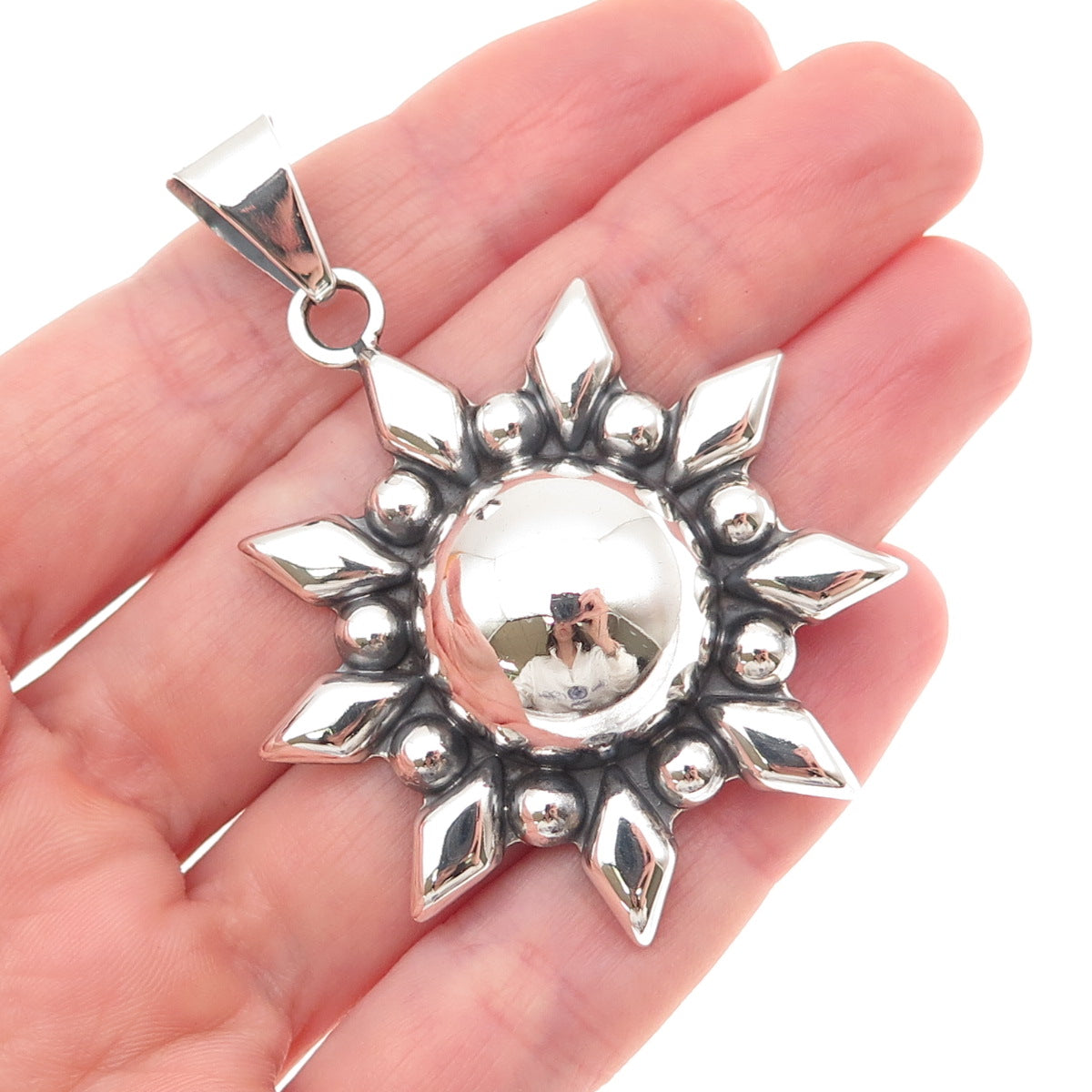 925 Sterling Silver Vintage CII Mexico Sun Beaded Oxidized Pendant