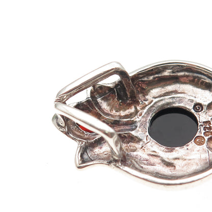 925 Sterling Silver Vintage Real Black Onyx & Red Garnet Modernist Slide Pendant