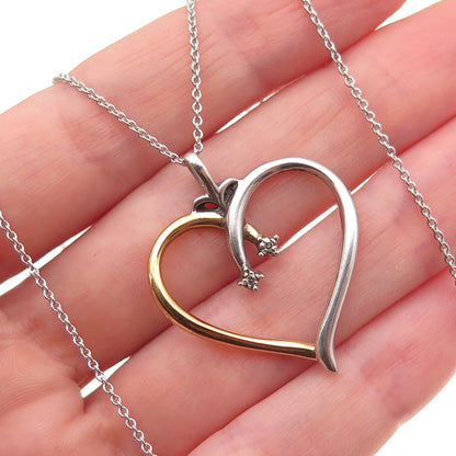 Bradford 925 Sterling Silver 2-Tone Real Diamond Heart Cable Chain Necklace 18"