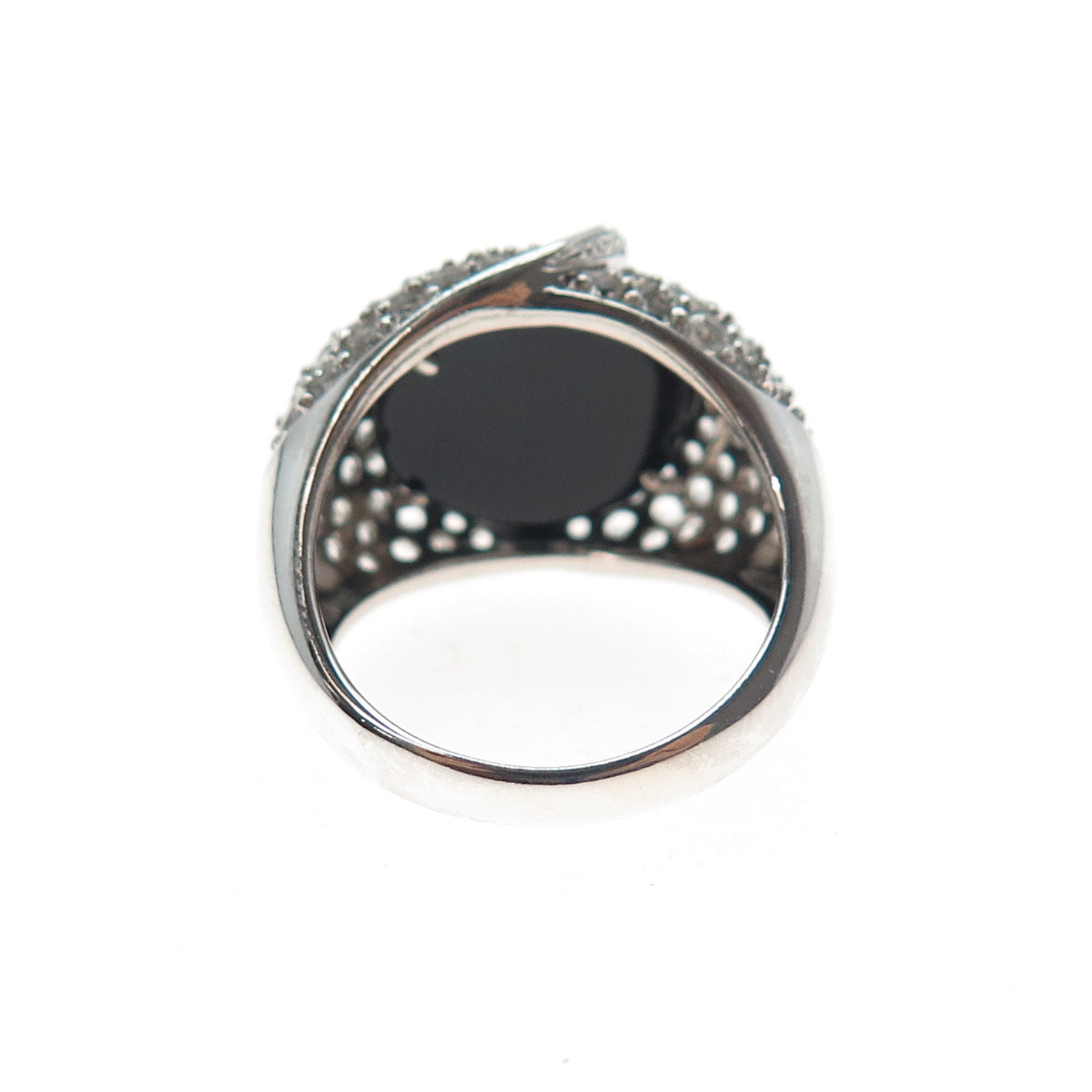 925 Sterling Silver Vintage Real Black Onyx & White Topaz Modernist Ring Size 7