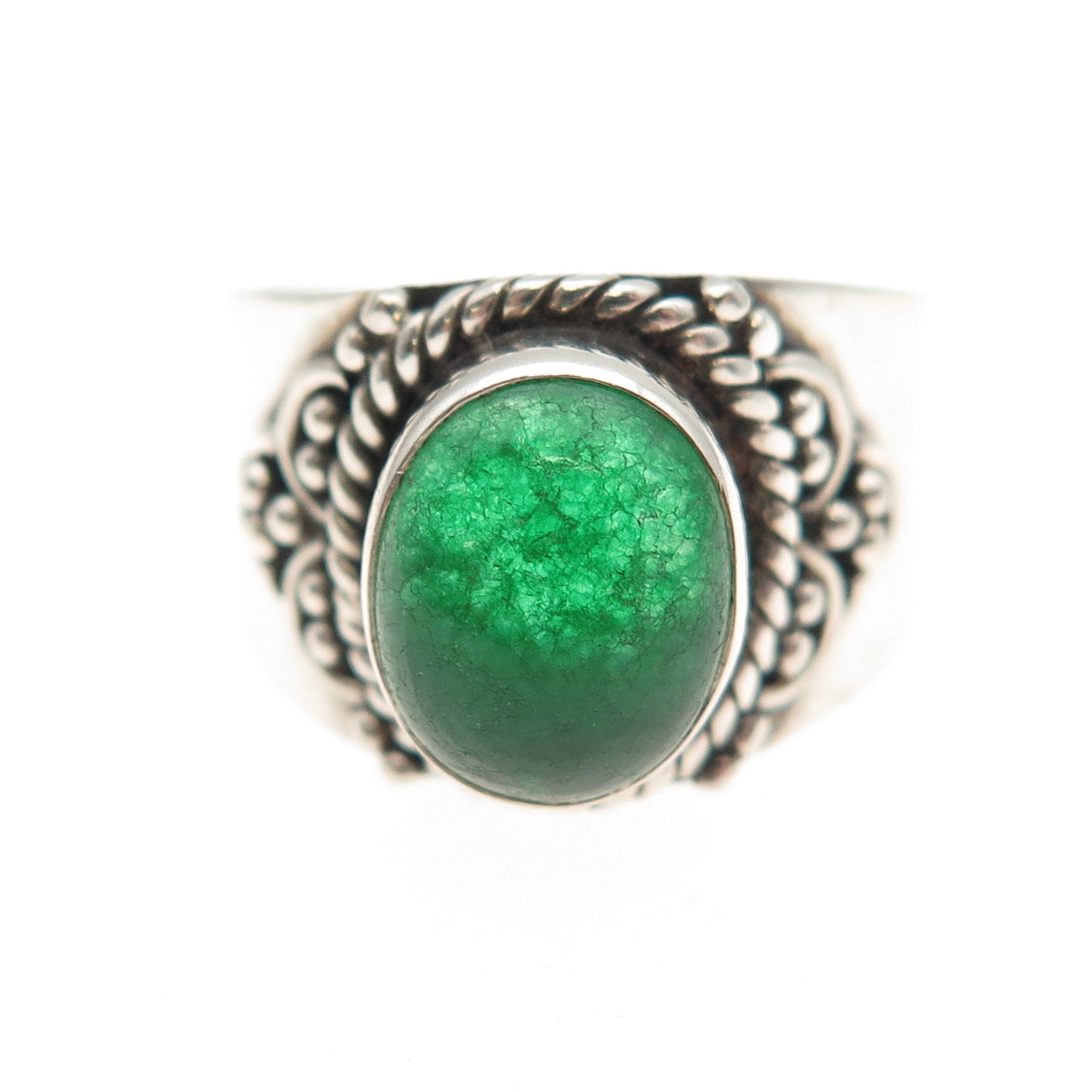 925 Sterling Silver Vintage Real Cabochon Jade Oxidized Ring Size 7.75