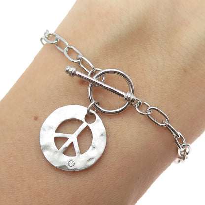 925 Sterling Silver Vintage Round-Cut C Z Peace Symbol Charm Bracelet 6.5"