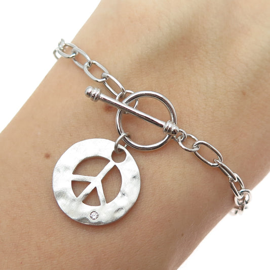 925 Sterling Silver Vintage Round-Cut C Z Peace Symbol Charm Bracelet 6.5"