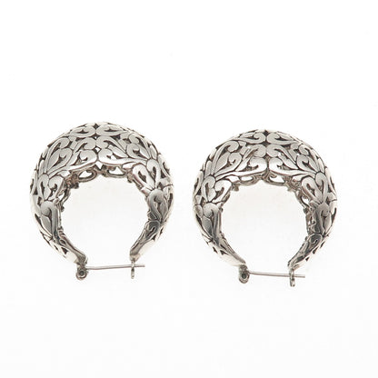 Jezlaine 925 Sterling Silver Vintage Ornate Floral Oxidized Hoop Earrings