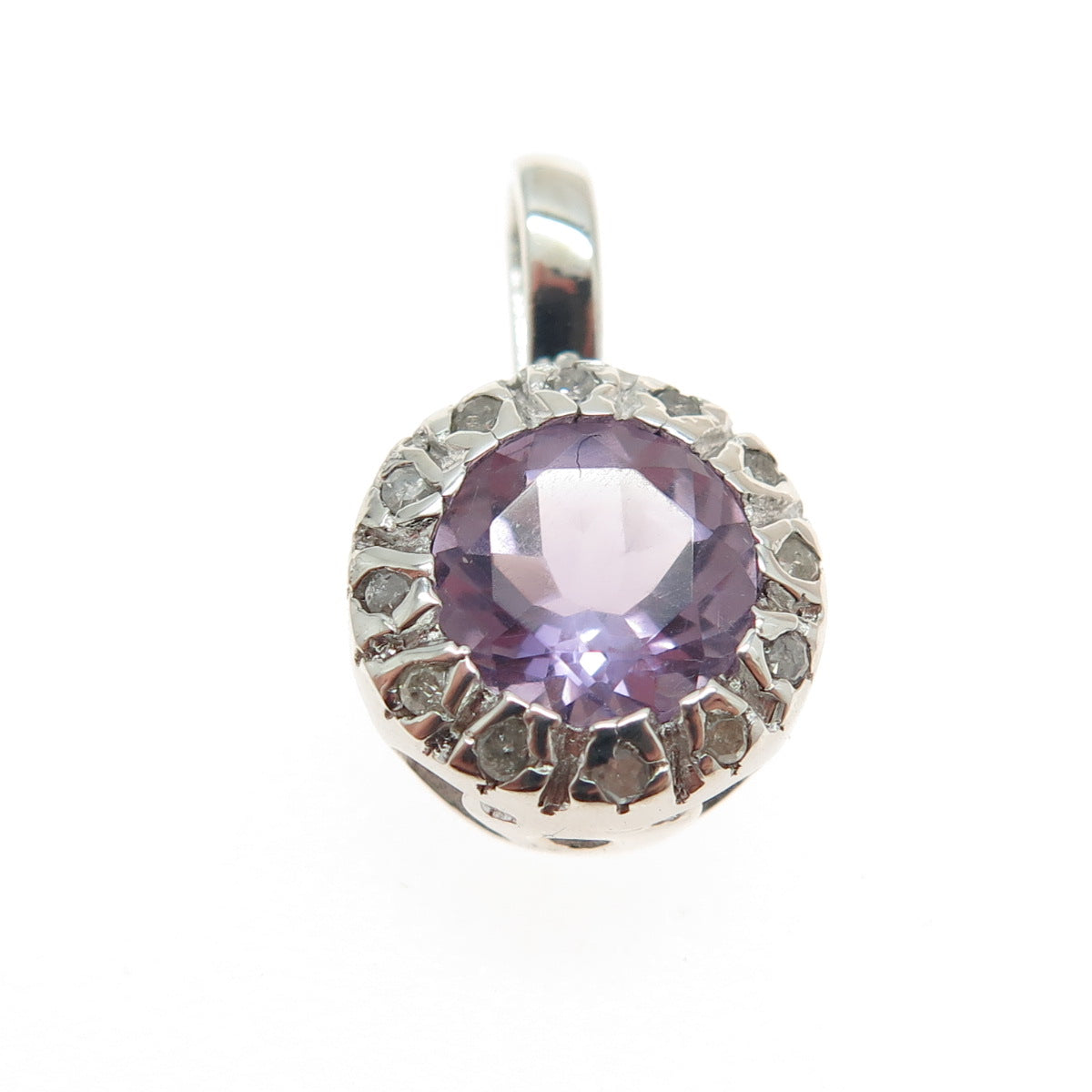 925 Sterling Silver Real Round-Cut Diamond & Amethyst Minimalist Pendant