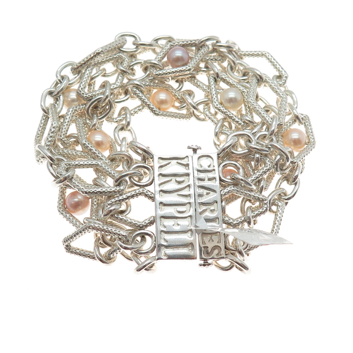 CHARLES KRYPELL 14K White Gold Sterling Silver Vintage Real Pearl Bracelet 6.5"