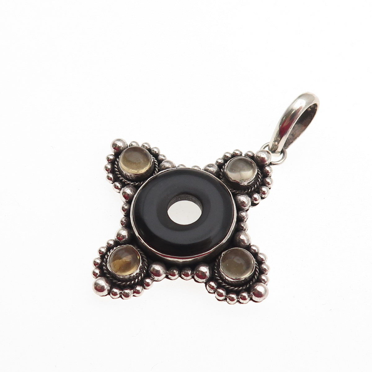 925 Sterling Silver Vintage Real Black Onyx & Citrine Modernist Cross Pendant