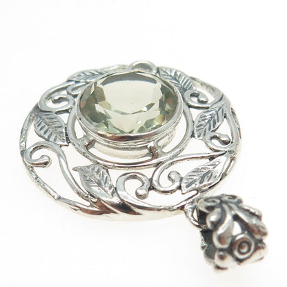 925 Sterling Silver Vintage Real Green Amethyst Gemstone Leaf Pendant