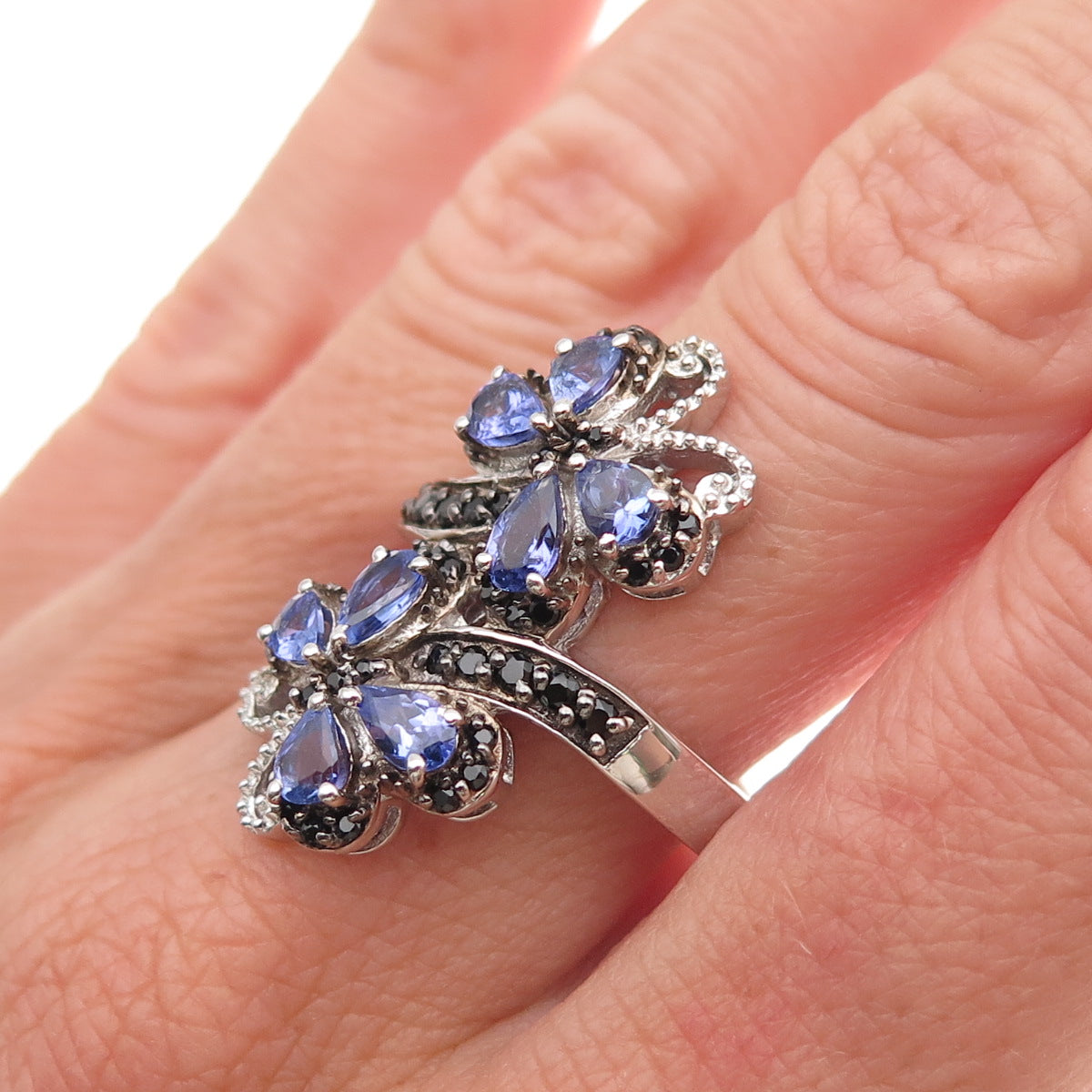 Chuck Clemency 925 Sterling Silver Real Tanzanite & Black Spinel Ring Size 8.25