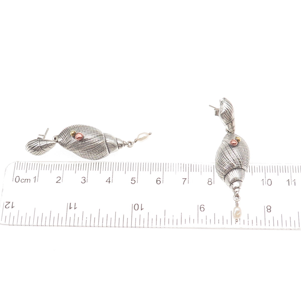 925 Sterling Silver 3-Tone Vintage Real Pearl Seashell Oxidized Dangle Earrings