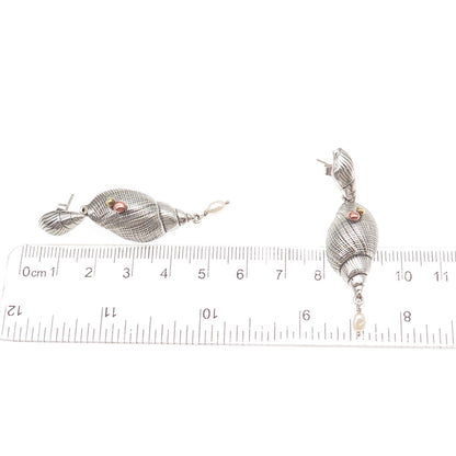 925 Sterling Silver 3-Tone Vintage Real Pearl Seashell Oxidized Dangle Earrings