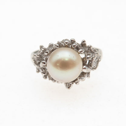 925 Sterling Silver Antique Art Deco Real Akoya Pearl Oxidized Ring Size 5.5