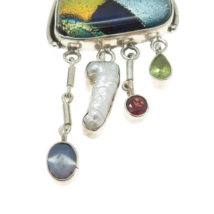 925 Sterling Vintage Dichroic Glass Pearl Garnet Peridot Opal Modernist Pendant