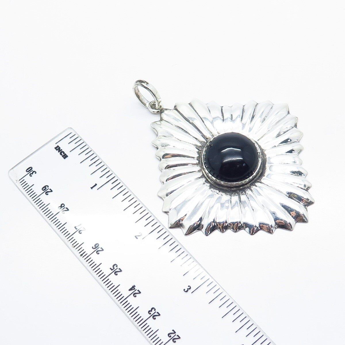 925 Sterling Silver Vintage Mexico Real Black Onyx Gem Ribbed Large Pendant