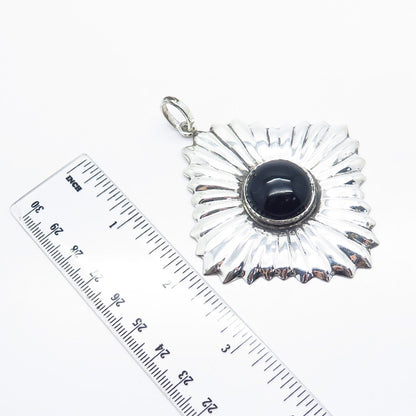 925 Sterling Silver Vintage Mexico Real Black Onyx Gem Ribbed Large Pendant