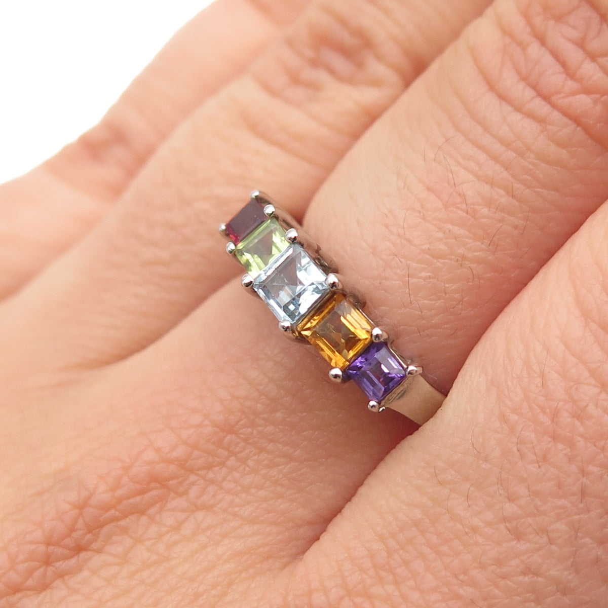 925 Sterling Vintage Blue Topaz Amethyst Peridot Red Garnet Citrine Ring Size 6