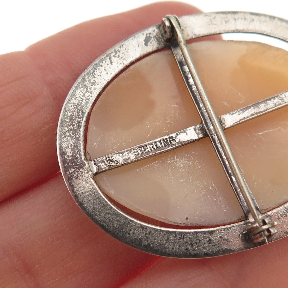 925 Sterling Silver Antique Art Deco Real MOP Carved Lady Cameo Pin Brooch
