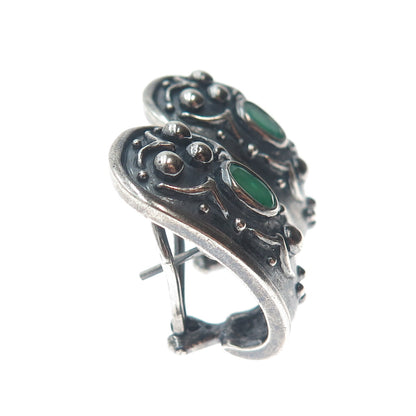 925 Sterling Silver Vintage Real Emerald Modernist Oxidized Omega Back Earrings