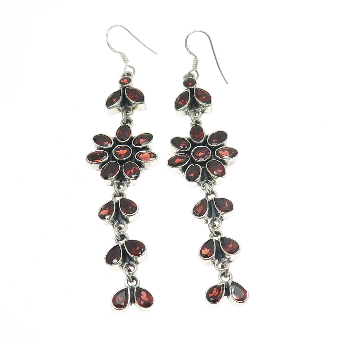 925 Sterling Silver Vintage Real Multi-Cut Red Garnet Floral Dangling Earrings