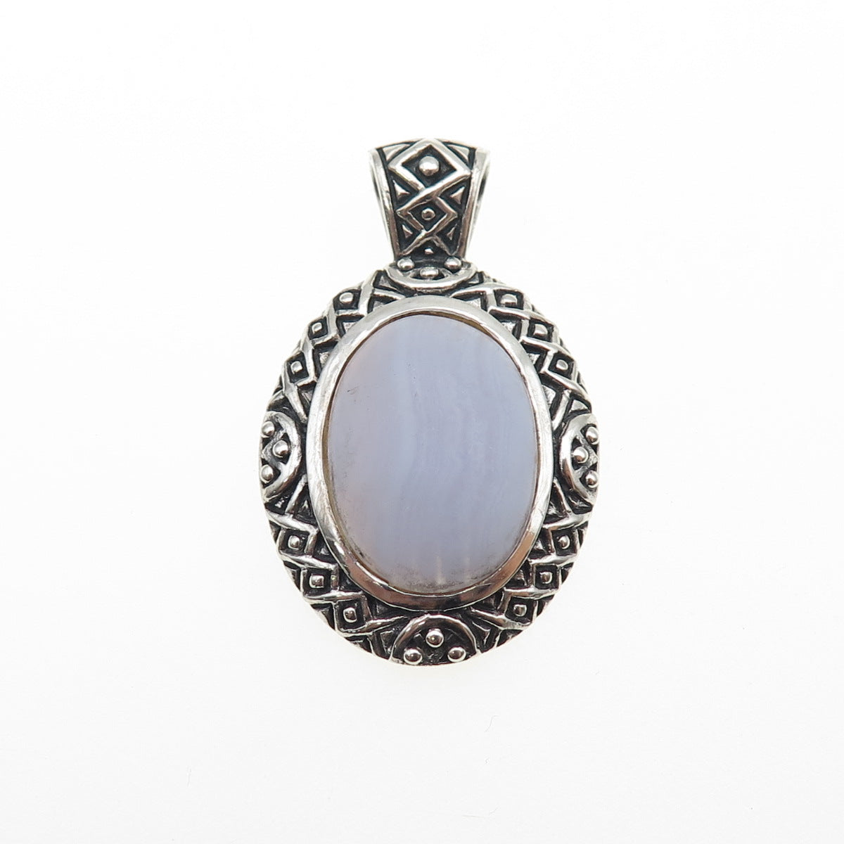925 Sterling Silver Vintage Real Lace Agate Oxidized Charm Pendant