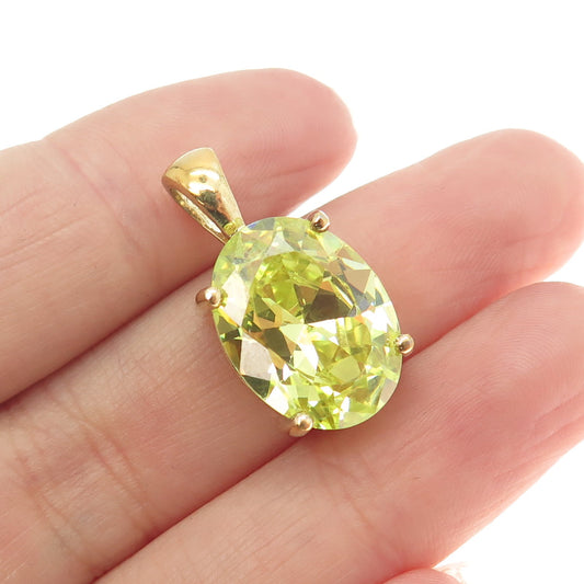 925 Sterling Silver Gold Plated Lime Green Oval-Cut C Z Pendant