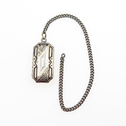 925 Sterling Silver 2-Tone Antique Art Deco Enamel Belt Loop Pocket Watch Chain