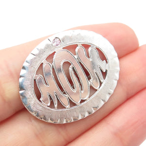 925 Sterling Silver Vintage C Z "MOM" Textured Oval Pin Brooch