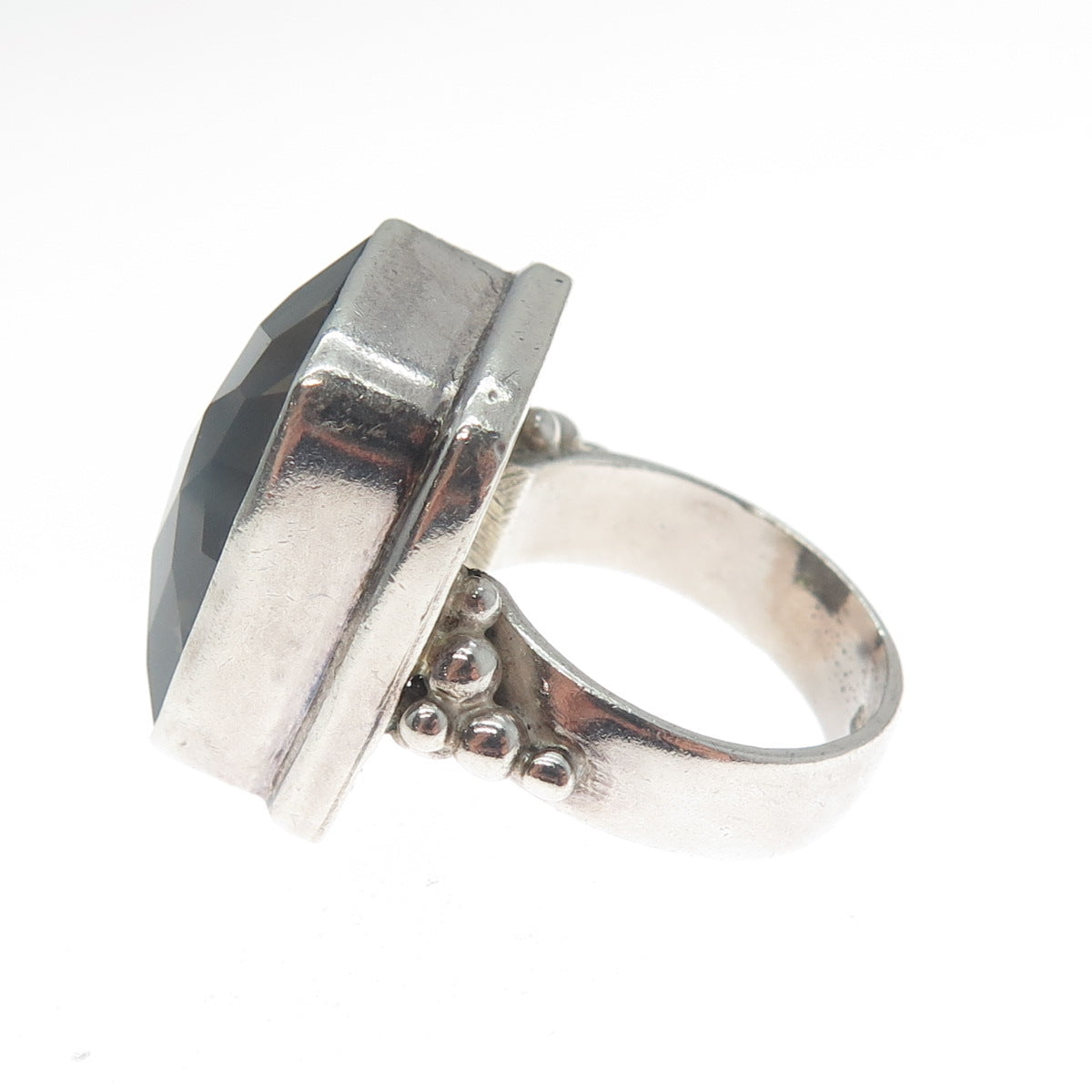 925 Sterling Silver Vintage Real Smoky Quartz Modernist Beaded Ring Size 6.5