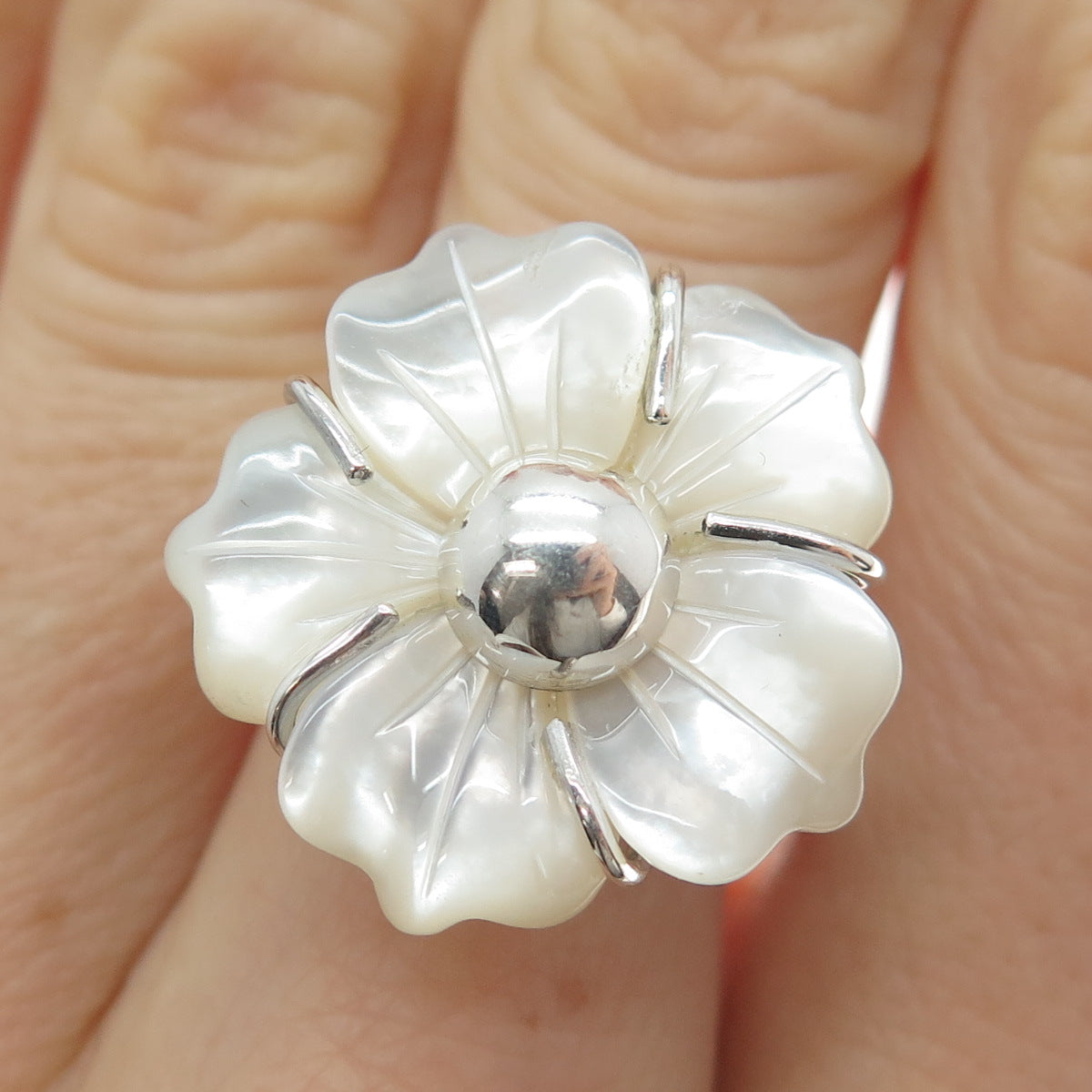 RIDER 950 Silver Vintage Real Carved MOP Flower Adjustable Ring Size 8.5