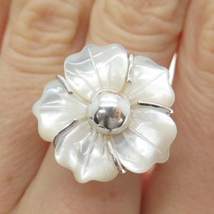 RIDER 950 Silver Vintage Real Carved MOP Flower Adjustable Ring Size 8.5