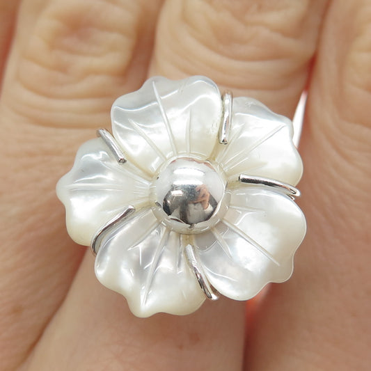 RIDER 950 Silver Vintage Real Carved MOP Flower Adjustable Ring Size 8.5