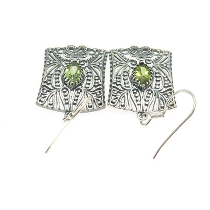 925 Sterling Silver Vintage Real Peridot Flower Oxidized Dangle Earrings