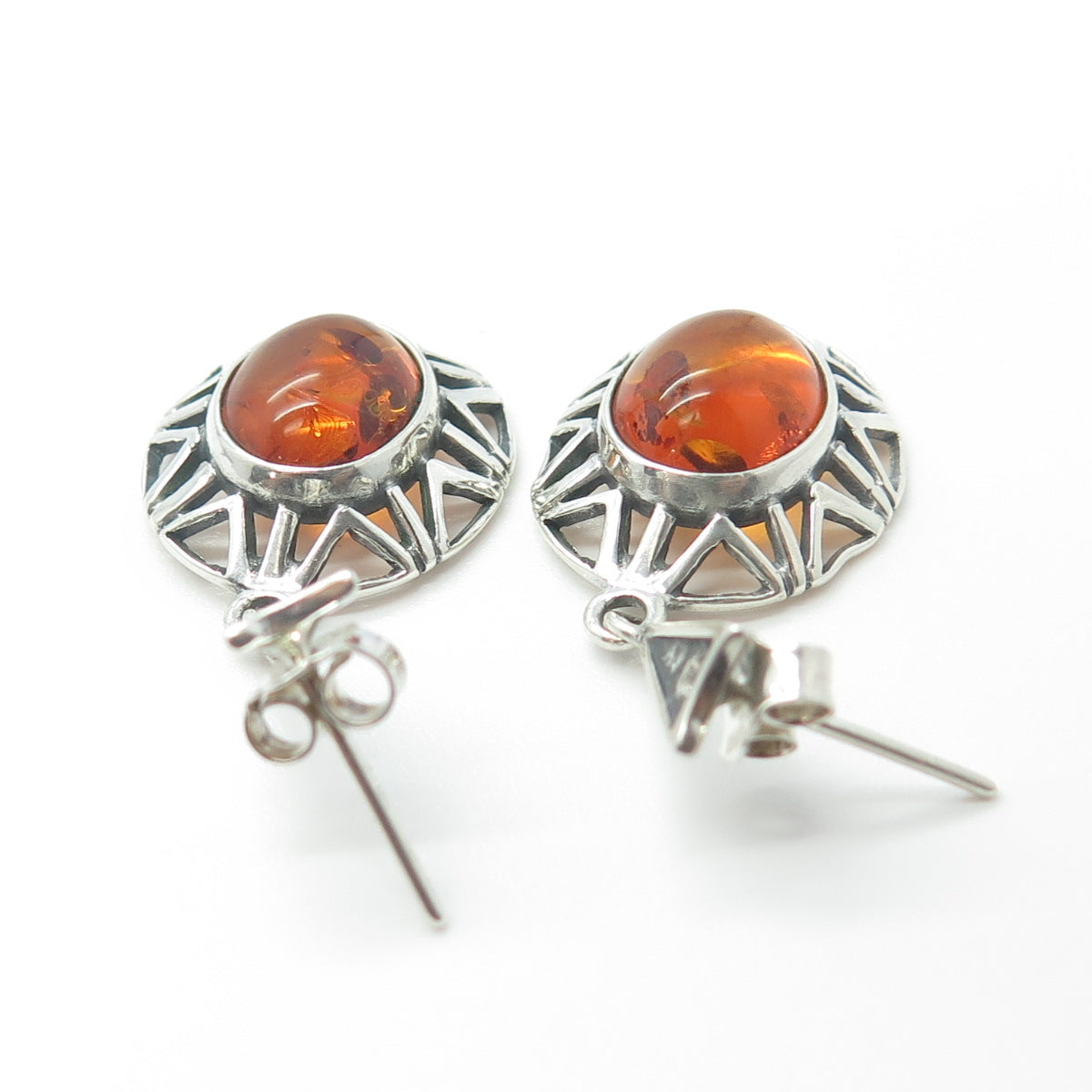 925 Sterling Silver Vintage Real Amber Sun Dangling Earrings