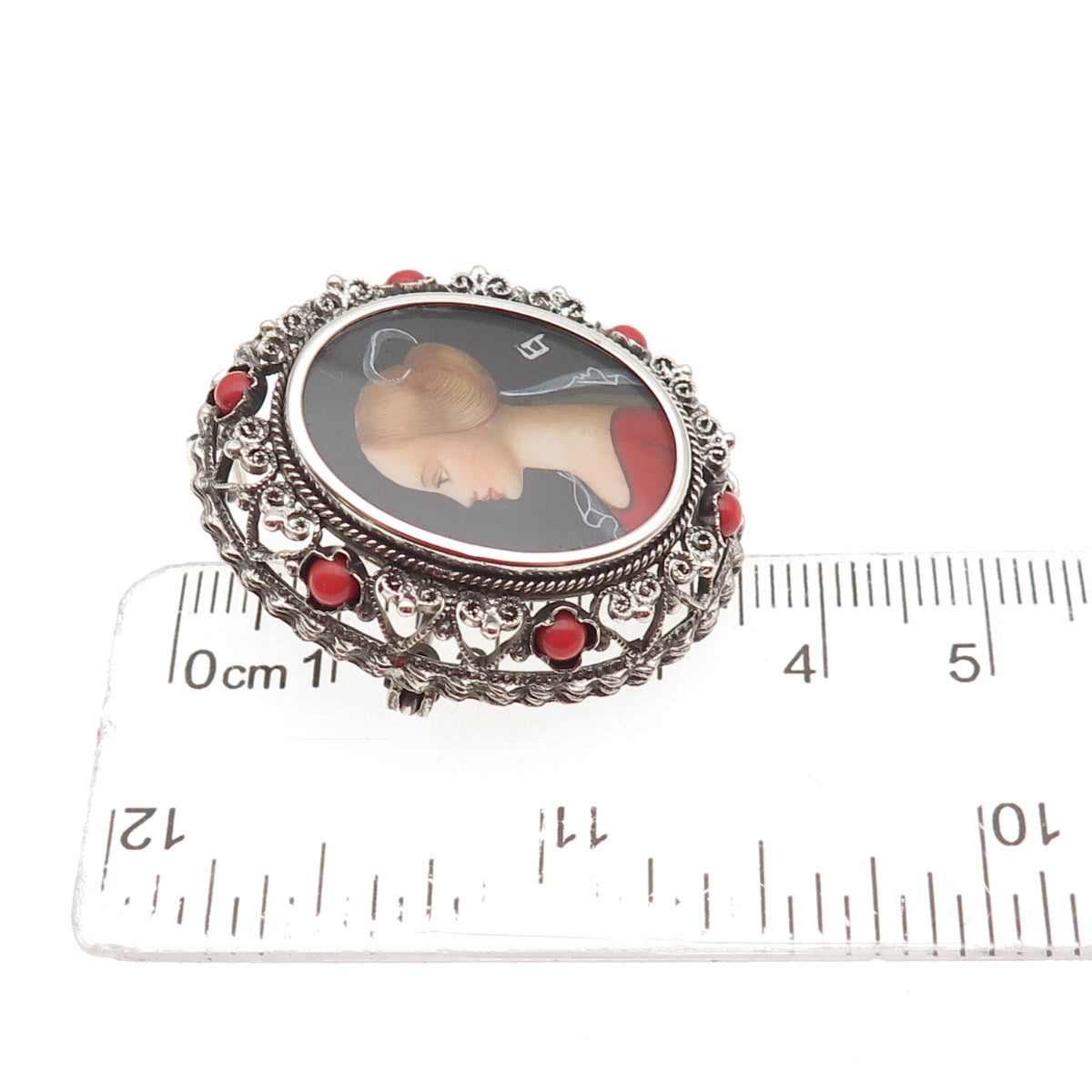 800 Silver Antique Real Coral Hand-Painted Lady Portrait Pin Brooch / Pendant