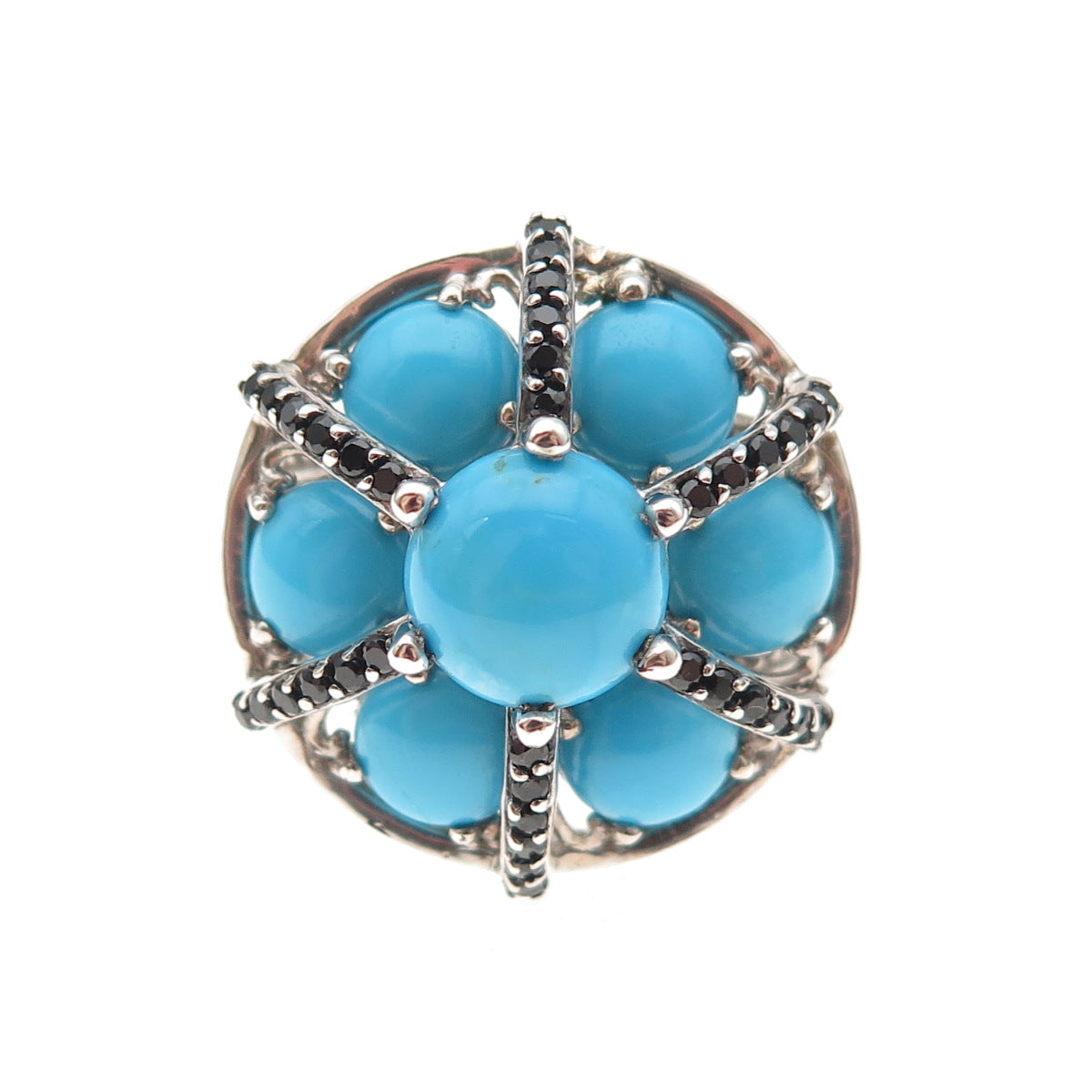 925 Sterling Silver Real Turquoise Black Spinel & Sapphire Ring Size 7
