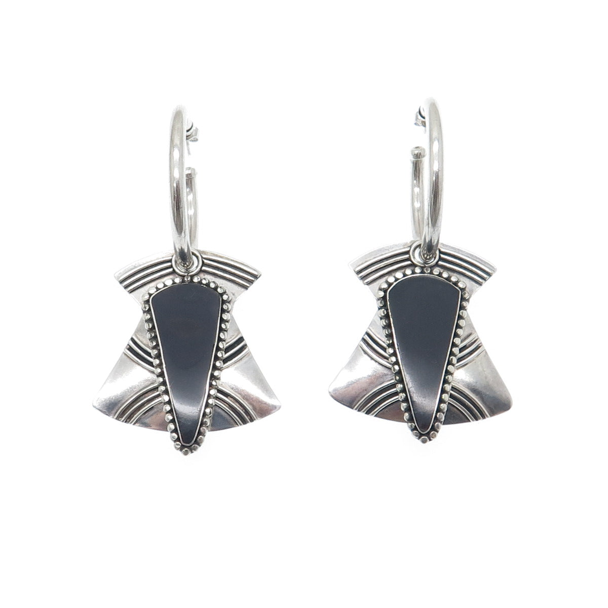 925 Sterling Silver Vintage Real Black Onyx Gem Tribal Hoop Dangle Earrings