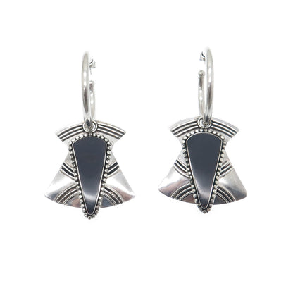 925 Sterling Silver Vintage Real Black Onyx Gem Tribal Hoop Dangle Earrings