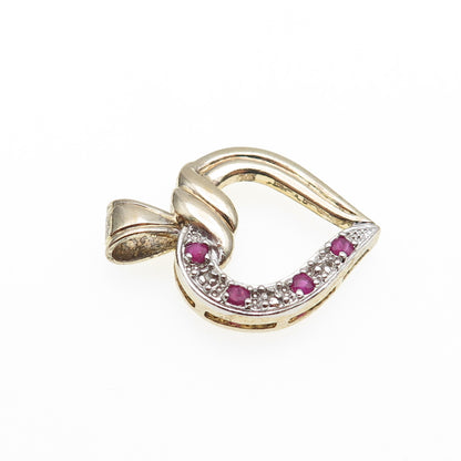 925 Sterling Silver Gold Plated Vintage Real Diamond & Ruby Heart Charm Pendant