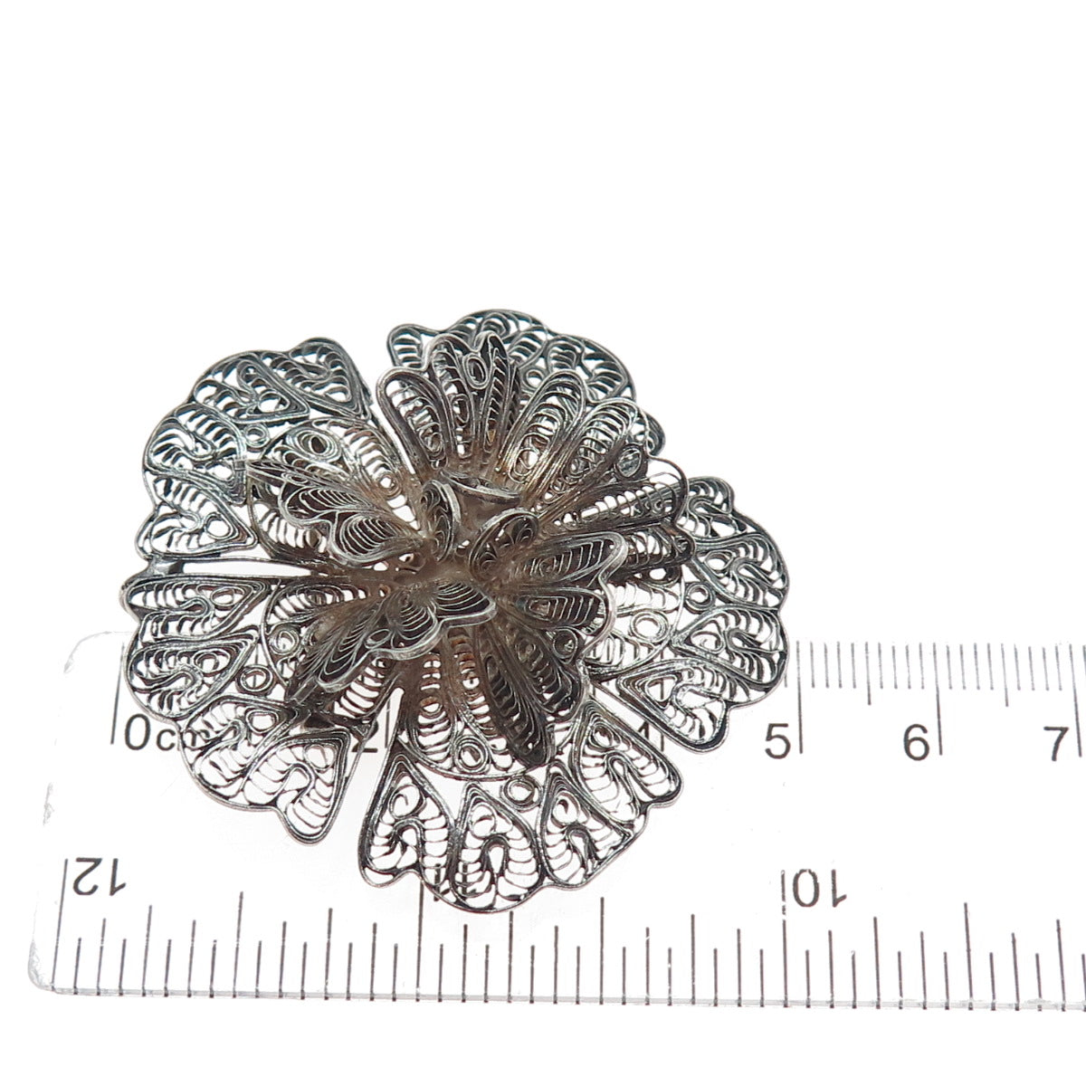 925 Sterling Silver Vintage Flower Filigree Oxidized Pin Brooch / Pendant